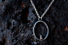 Load image into Gallery viewer, Long silver necklace with steel, silver and garnet oval necklace pendant