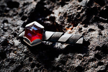 Load image into Gallery viewer, Red garnet ring with light and dark silver bar and hexagon design